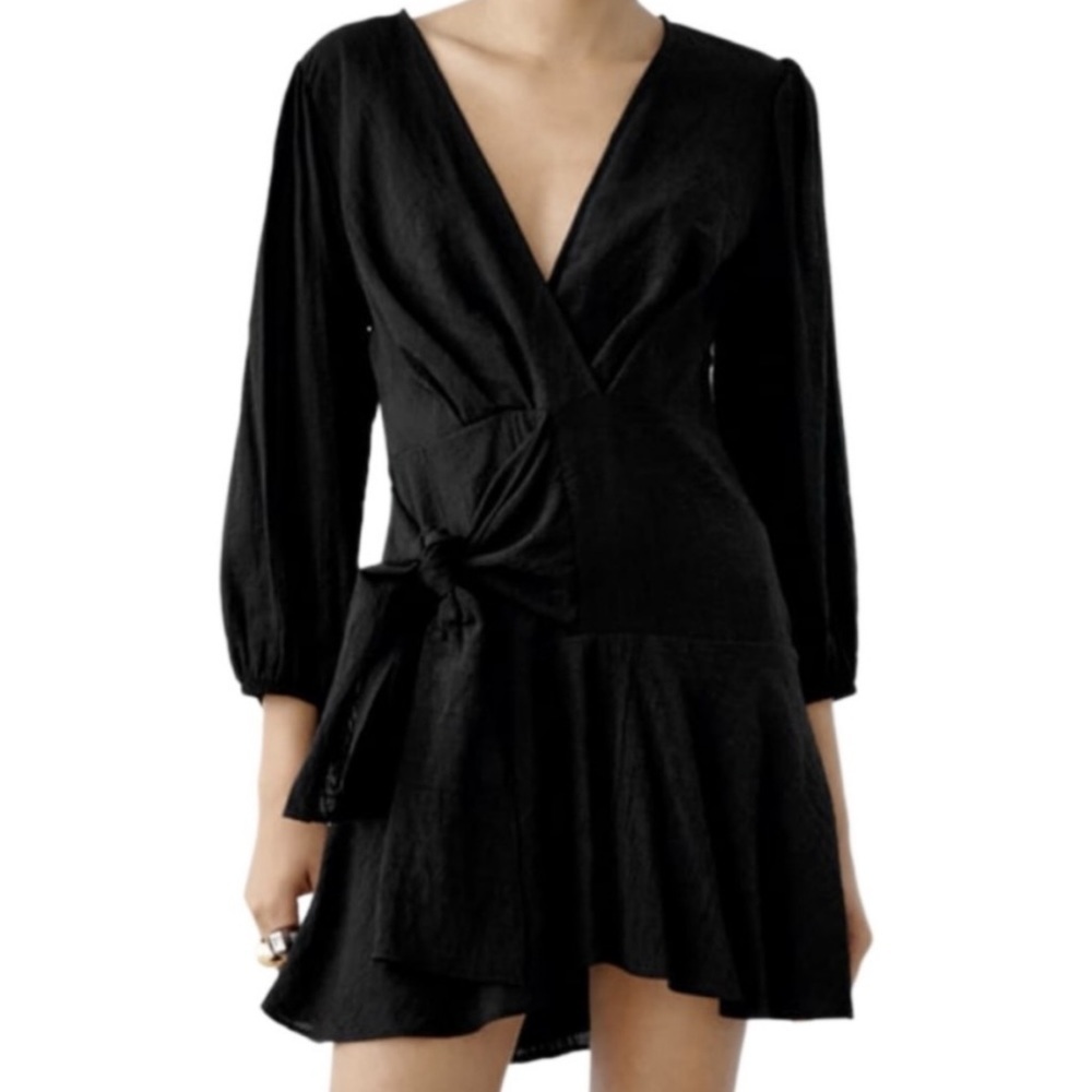 NWT Zara Black Mini Wrap Bow V Neck Long Sleeve Dress Fit & Flare Medium Party